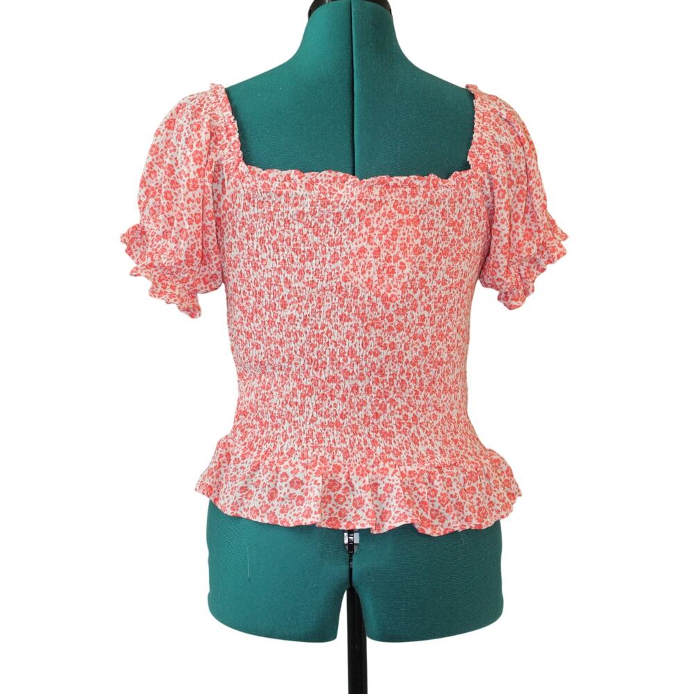 Promesa Floral Smocked Peplum Blouse Pink White Puff Sleeve Women’s Small NWT